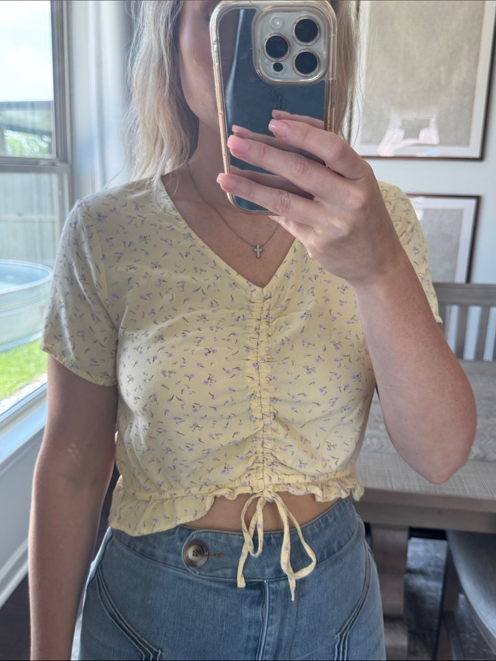 Ruched V-Neck Cropped Top in Light Butter Yellow with Subtle Tiny Purple Florals - Picture 5 of 14